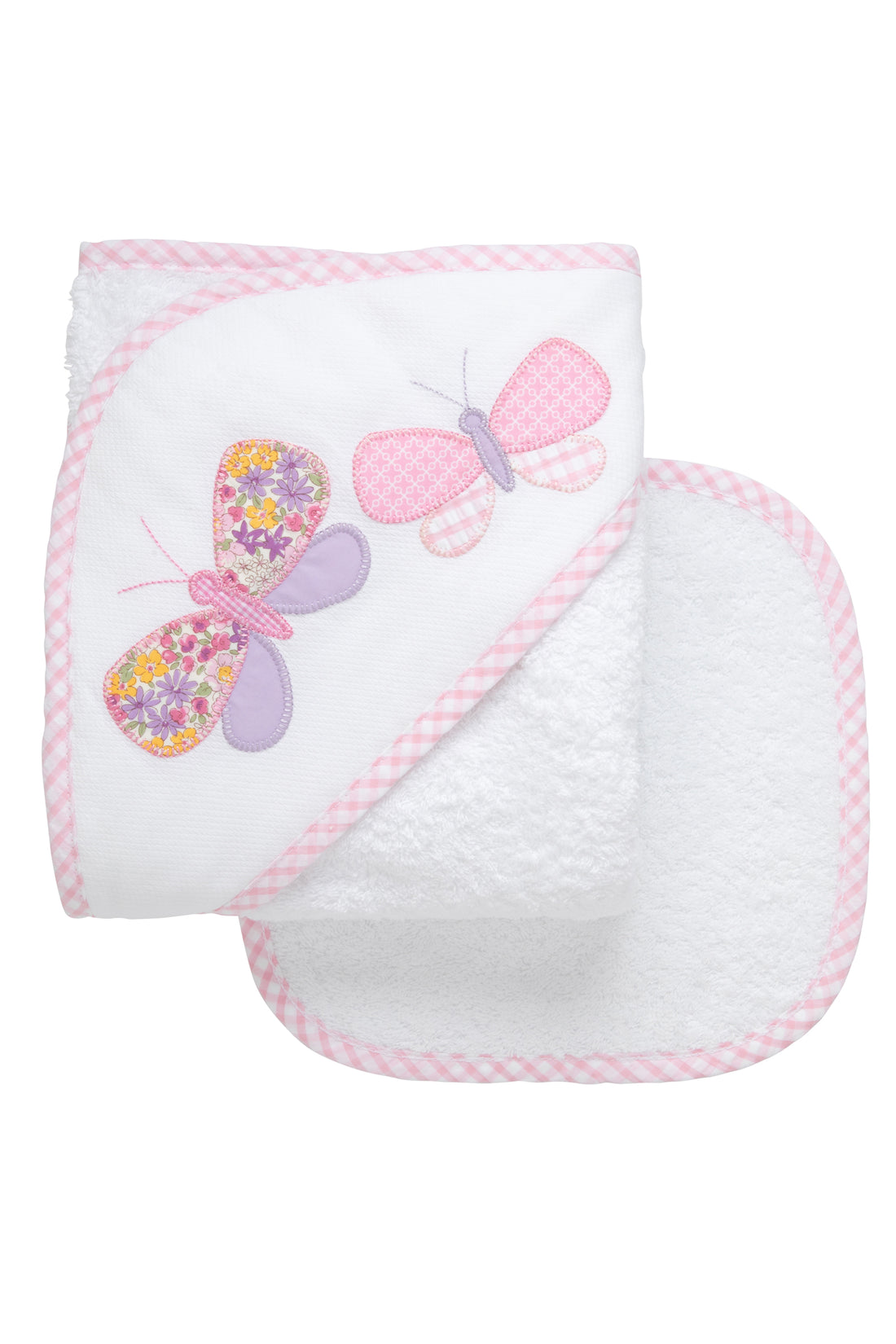 Cotton terry hooded towel and washcloth for baby to toddlers with two pink and purple patterned butterfly appliques, 3 Marthas