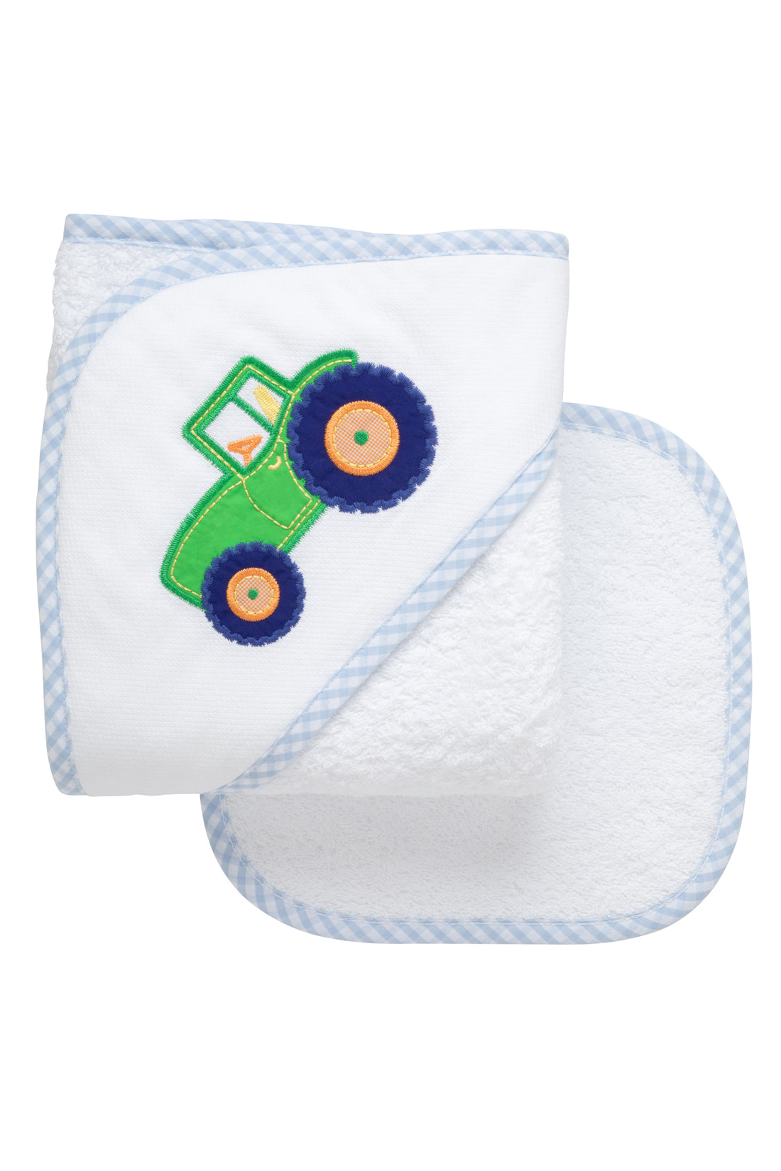 Cotton terry hooded towel and washcloth for baby to toddlers with a green tractor applique on the hood, 3 Marthas