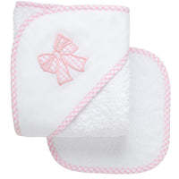 Cotton terry hooded towel and washcloth for baby to toddlers with a pink gingham check bow applique on the hood, 3 Marthas