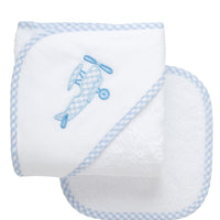 Cotton terry hooded towel for baby to toddlers with a blue gingham check airplane applique on the hood, 3 Marthas