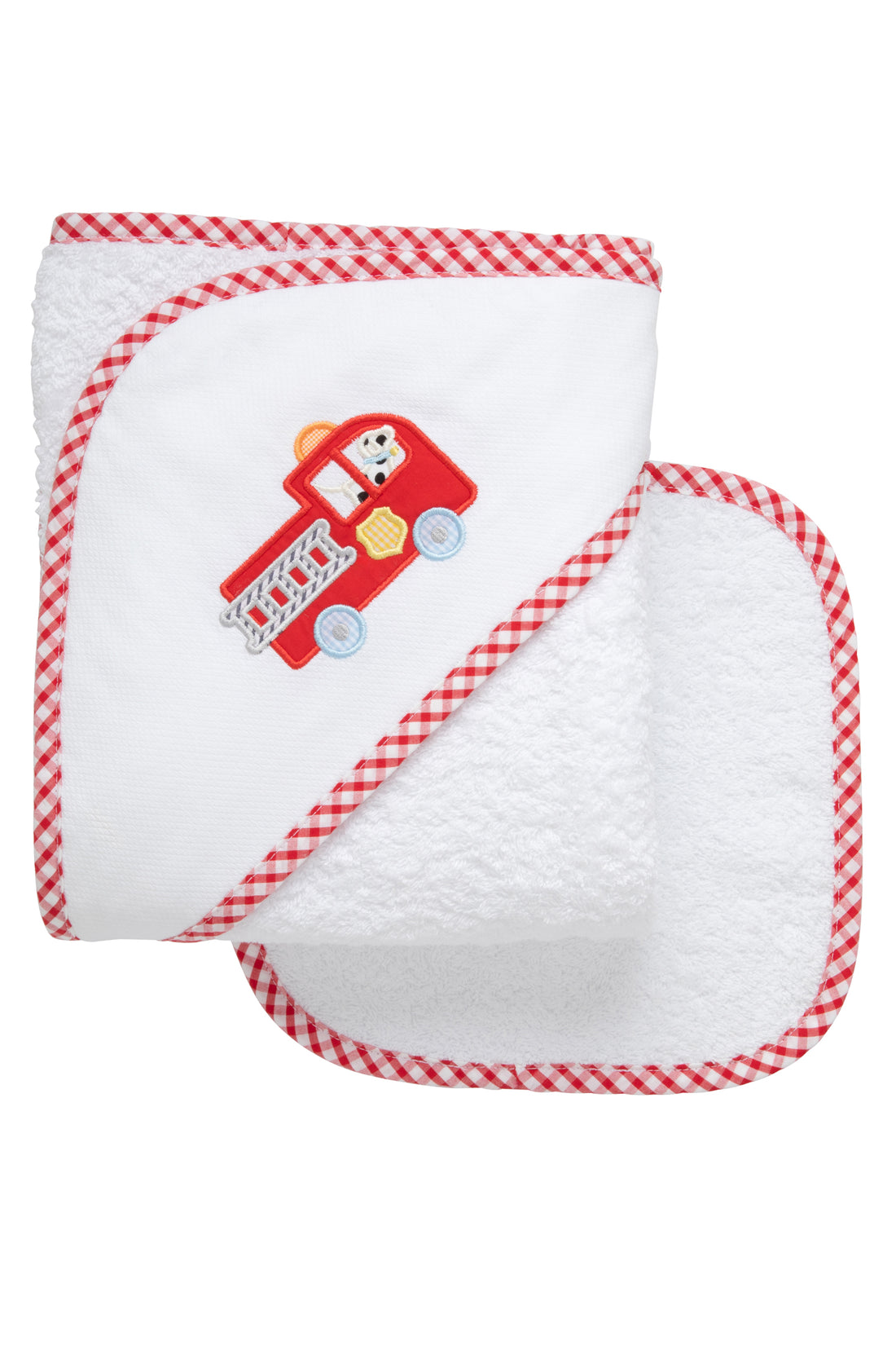 Cotton terry hooded towel and washcloth for baby to toddlers with a red firetruck and Dalmatian applique, 3 Marthas