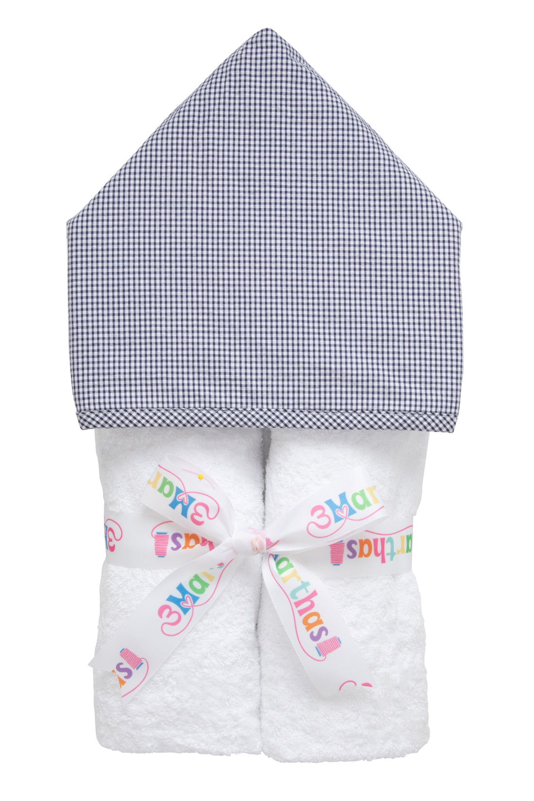 Cotton terry hooded towel for toddler to little kids with navy small gingham check hood, 3 Marthas