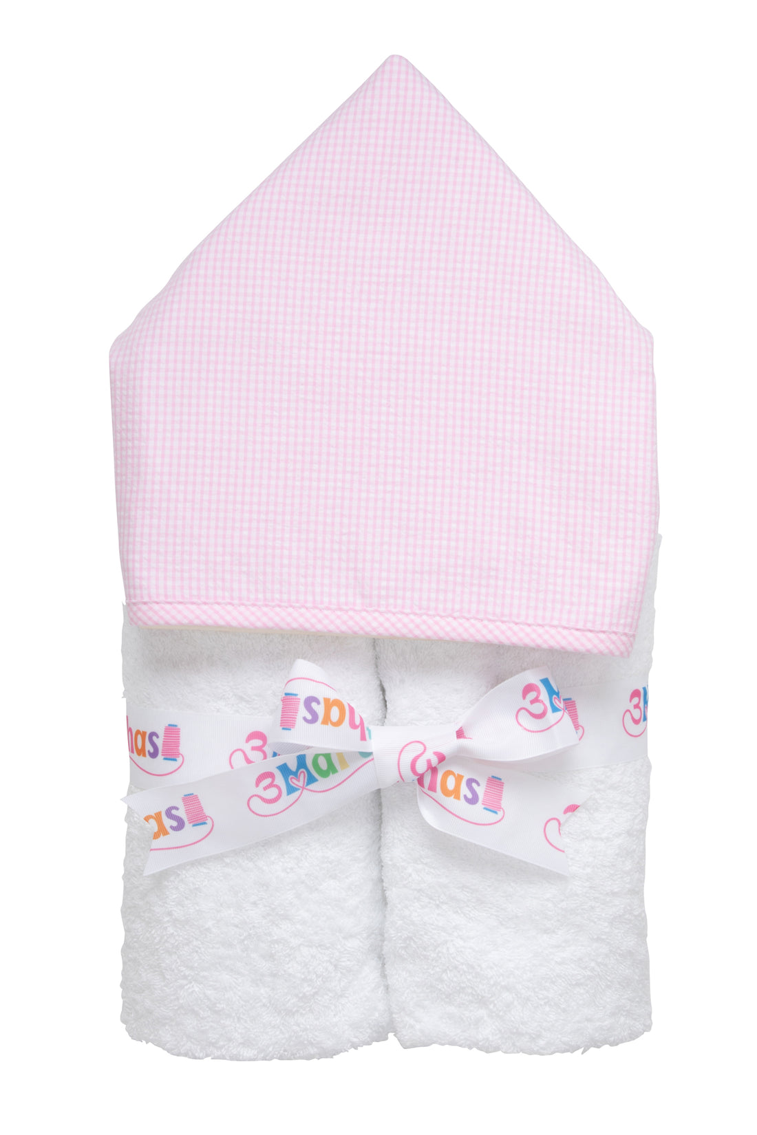 Cotton terry hooded towel for toddler to little kids with pink small gingham check hood, 3 Marthas