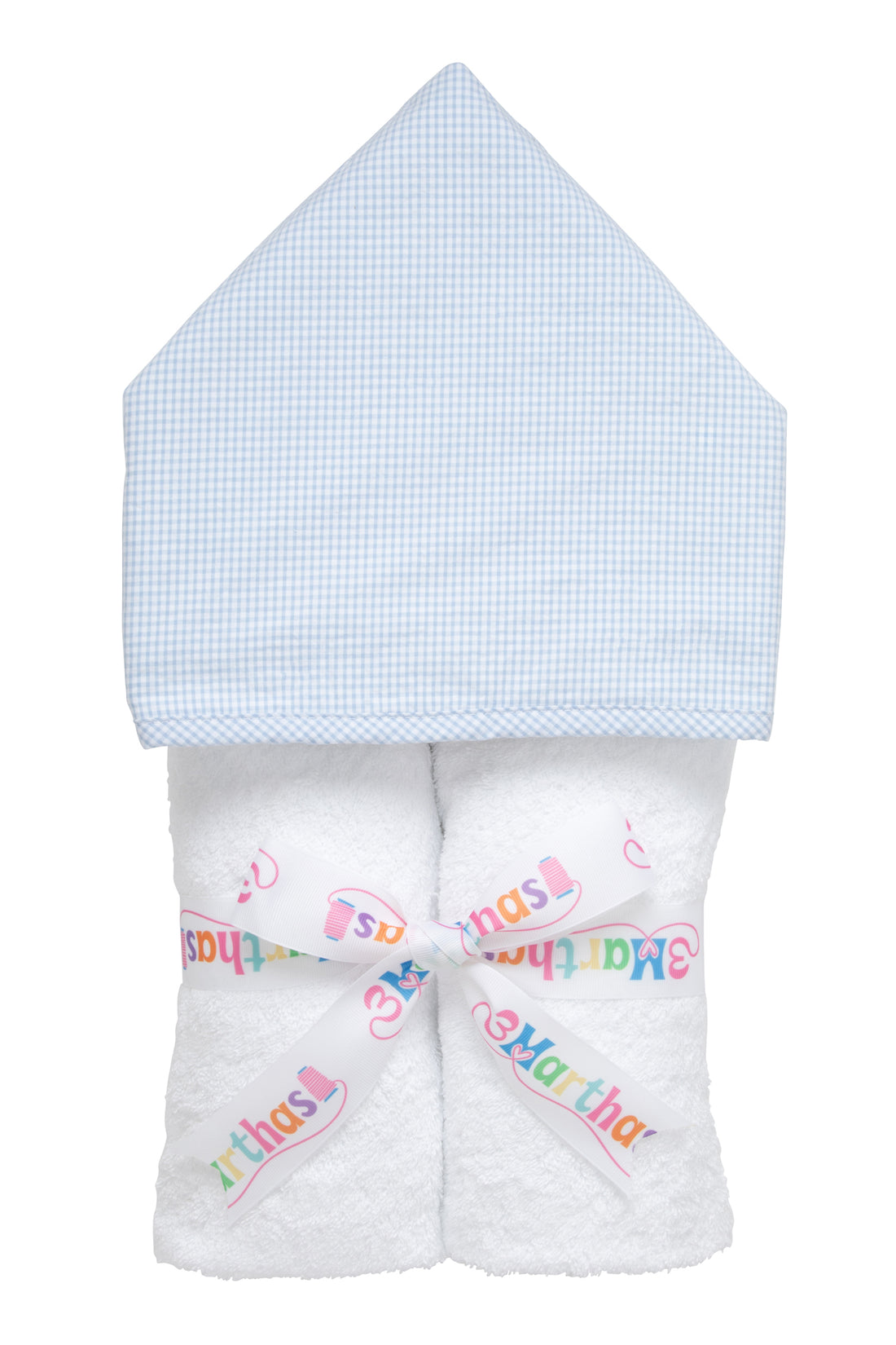 Cotton terry hooded towel for toddler to little kids with blue small gingham check hood, 3 Marthas