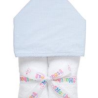 Cotton terry hooded towel for toddler to little kids with blue small gingham check hood, 3 Marthas