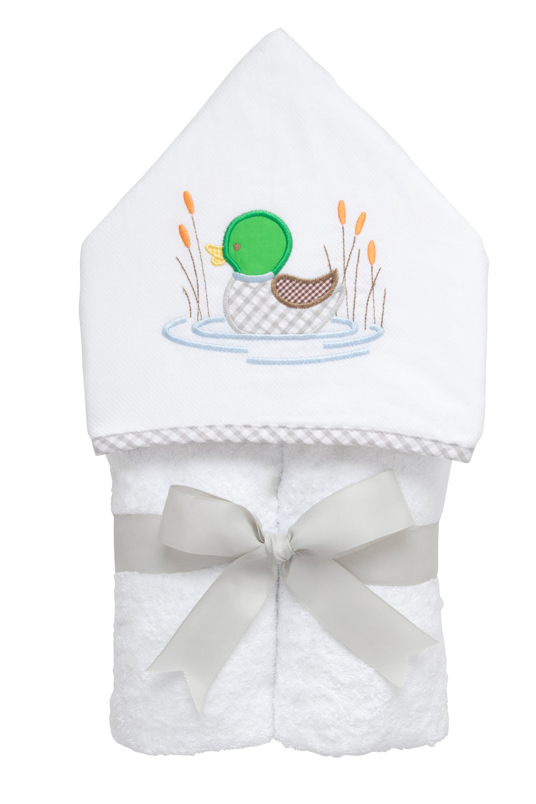 Cotton terry hooded towel for toddler to little kids with a green, gray, and brown gingham check mallard applique on the hood, 3 Marthas