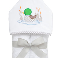 Cotton terry hooded towel for toddler to little kids with a green, gray, and brown gingham check mallard applique on the hood, 3 Marthas