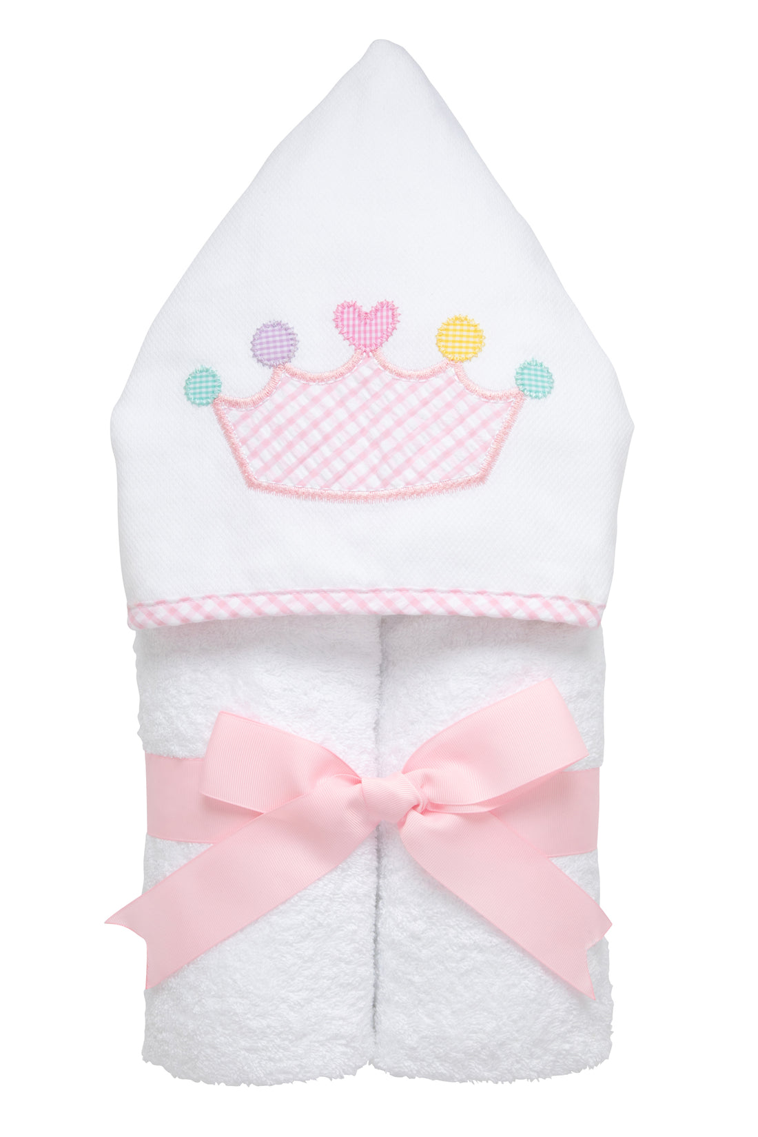 Cotton terry hooded towel for toddler to little kids with a pink gingham check crown applique on the hood, 3 Marthas