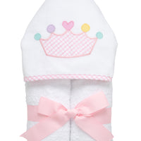 Cotton terry hooded towel for toddler to little kids with a pink gingham check crown applique on the hood, 3 Marthas