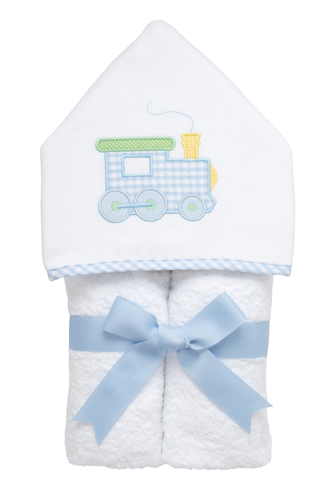 Cotton terry hooded towel for toddler to little kids with a blue gingham check train applique on the hood, 3 Marthas