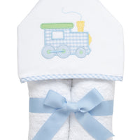 Cotton terry hooded towel for toddler to little kids with a blue gingham check train applique on the hood, 3 Marthas