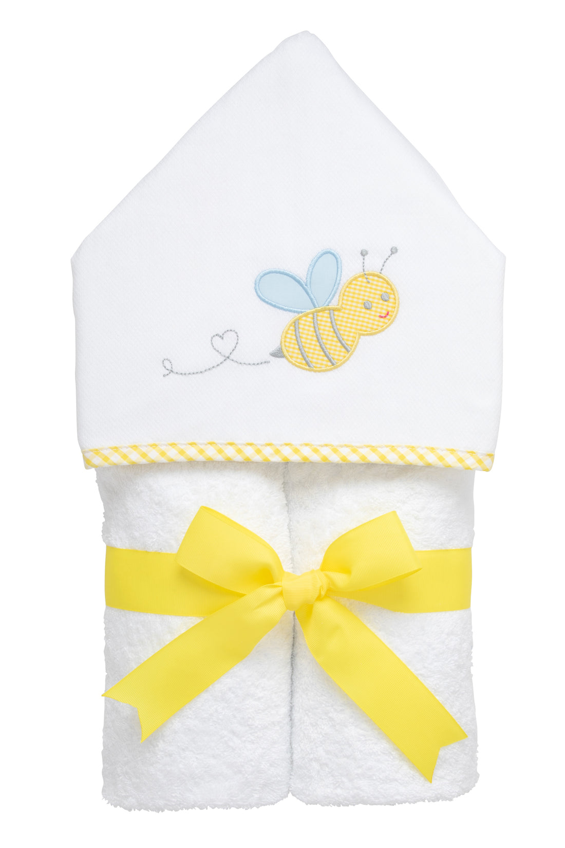 Cotton terry hooded towel for toddler to little kids with a yellow gingham check bee applique with blue wings on the hood, 3 Marthas