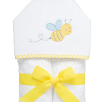 Cotton terry hooded towel for toddler to little kids with a yellow gingham check bee applique with blue wings on the hood, 3 Marthas
