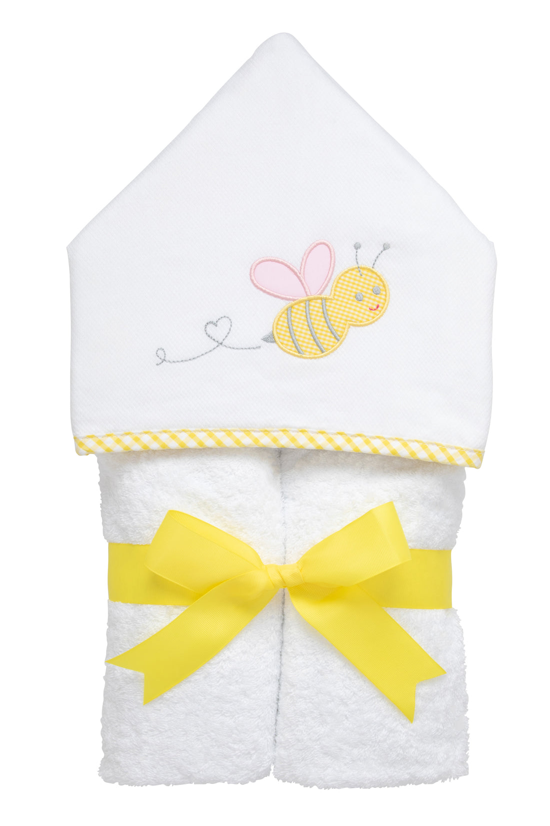 Cotton terry hooded towel for toddler to little kids with a yellow gingham check bee applique with pink wings on the hood, 3 Marthas