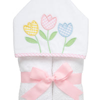 Cotton terry hooded towel for toddler to little kids with pink, blue, and yellow gingham check tulip appliques on the hood, 3 Marthas