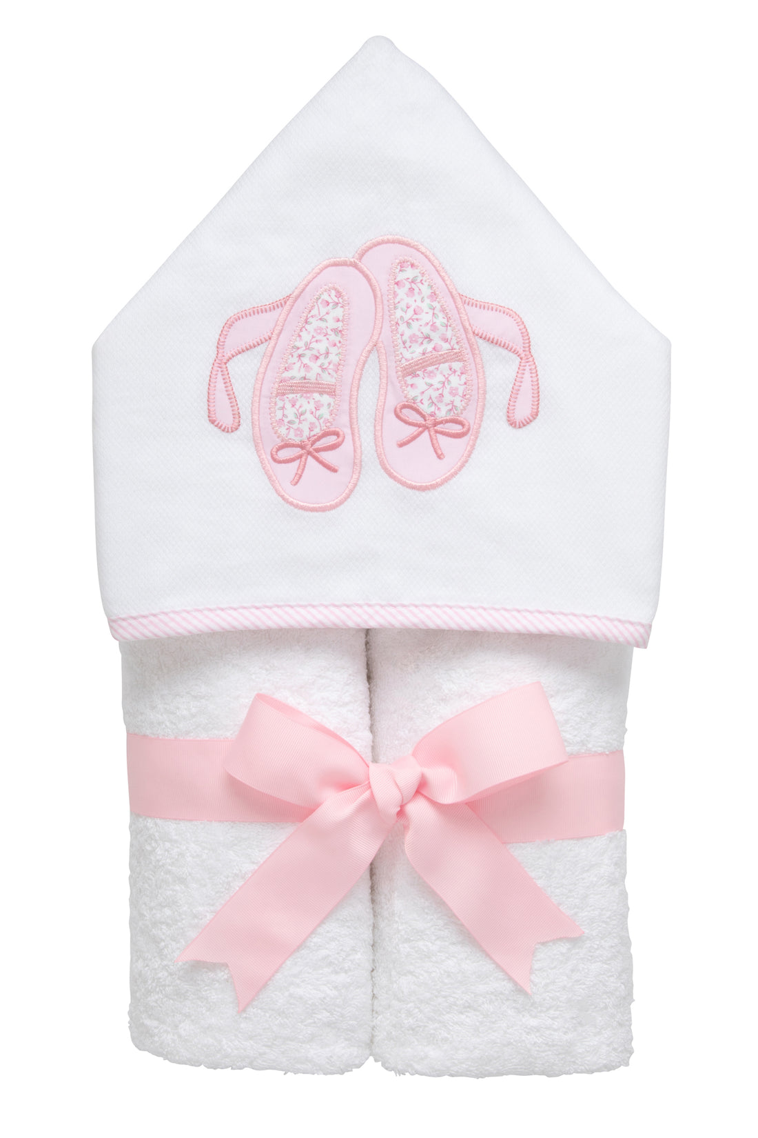 Cotton terry hooded towel for toddler to little kids with a pair of pink bow and floral  ballet slippers applique on the hood, 3 Marthas