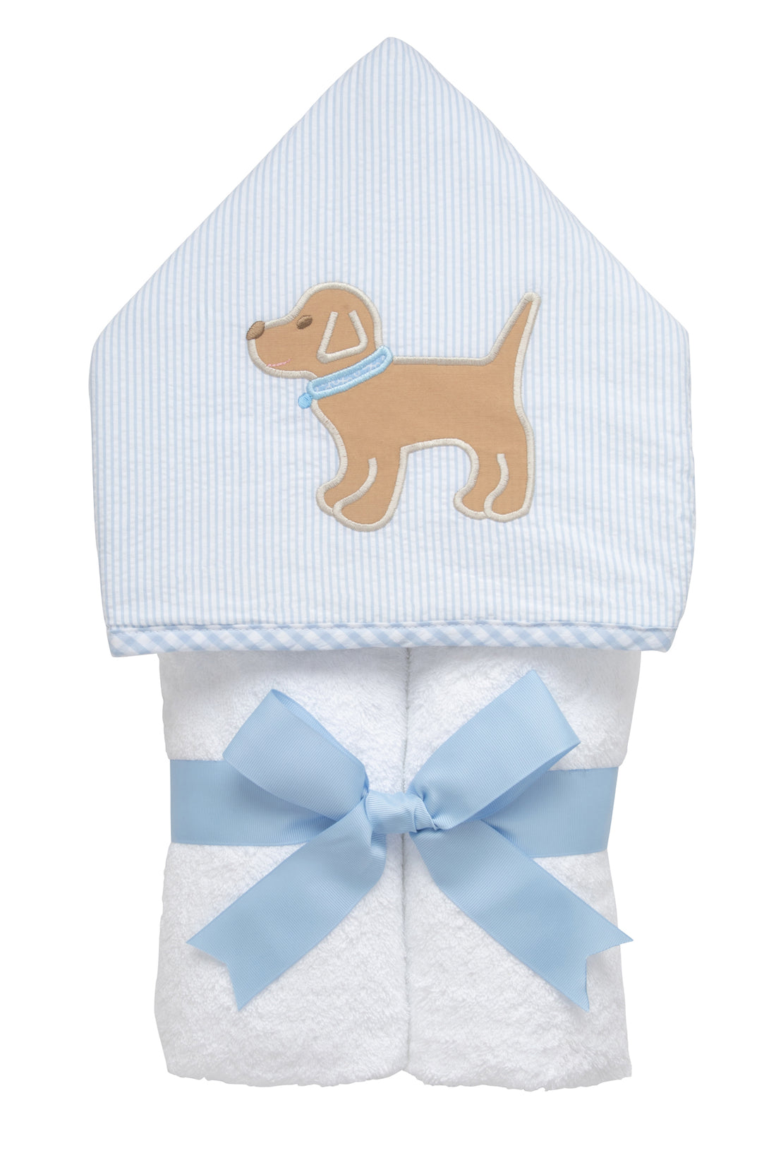 Cotton terry hooded towel for toddler to little kids with blue seersucker stripe fabric and a lab puppy applique on the hood, 3 Marthas