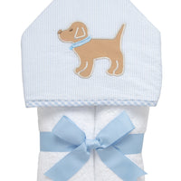 Cotton terry hooded towel for toddler to little kids with blue seersucker stripe fabric and a lab puppy applique on the hood, 3 Marthas