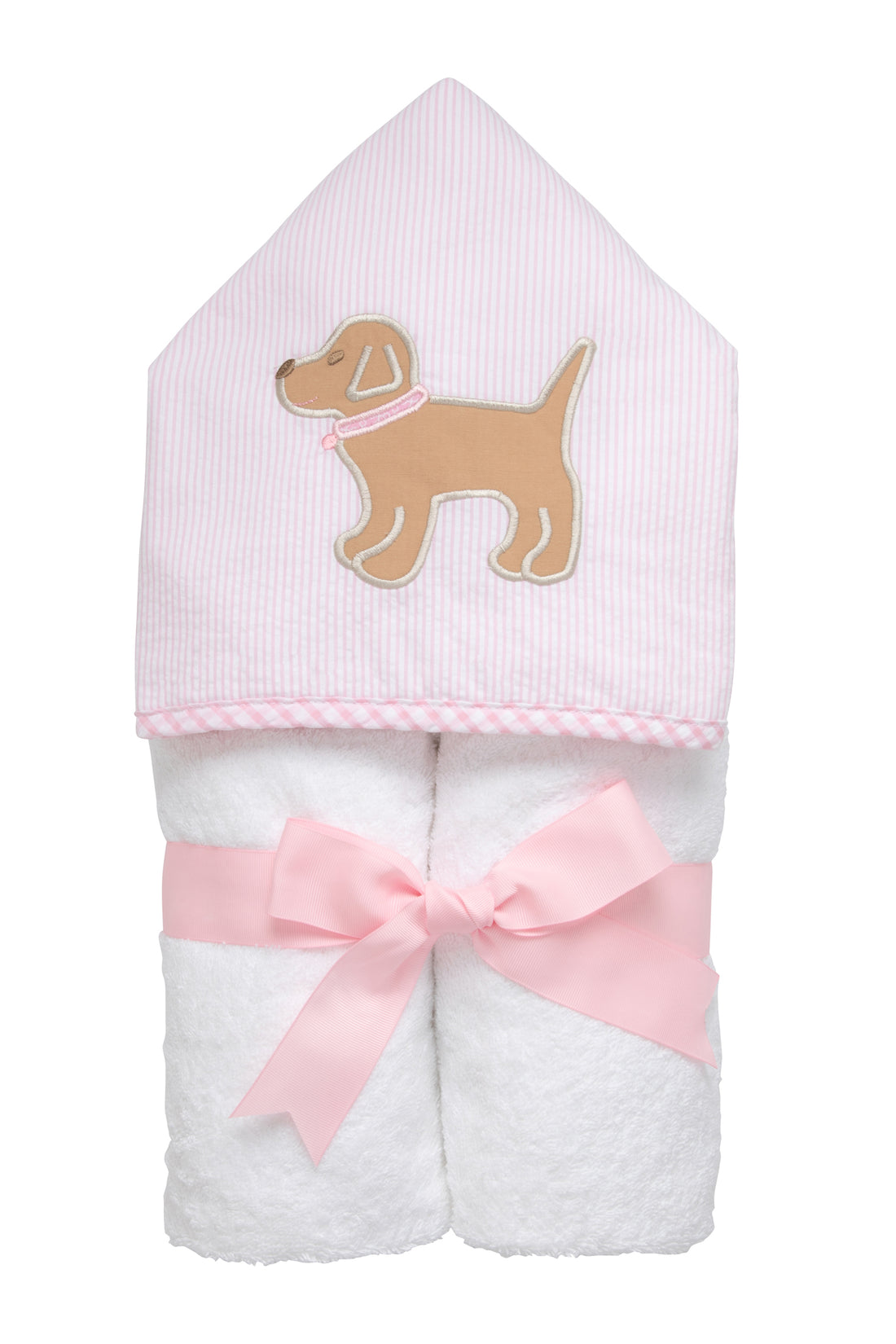 Cotton terry hooded towel for toddler to little kids with pink seersucker stripe fabric and a lab puppy applique on the hood, 3 Marthas