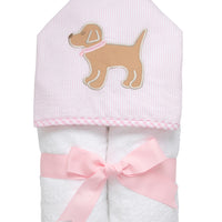Cotton terry hooded towel for toddler to little kids with pink seersucker stripe fabric and a lab puppy applique on the hood, 3 Marthas