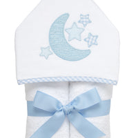 Cotton terry hooded towel for toddler to little kids with blue crescent moon and gingham check star appliques, 3 Marthas