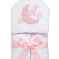 Cotton terry hooded towel for toddler to little kids with pink crescent moon and gingham check star appliques, 3 Marthas