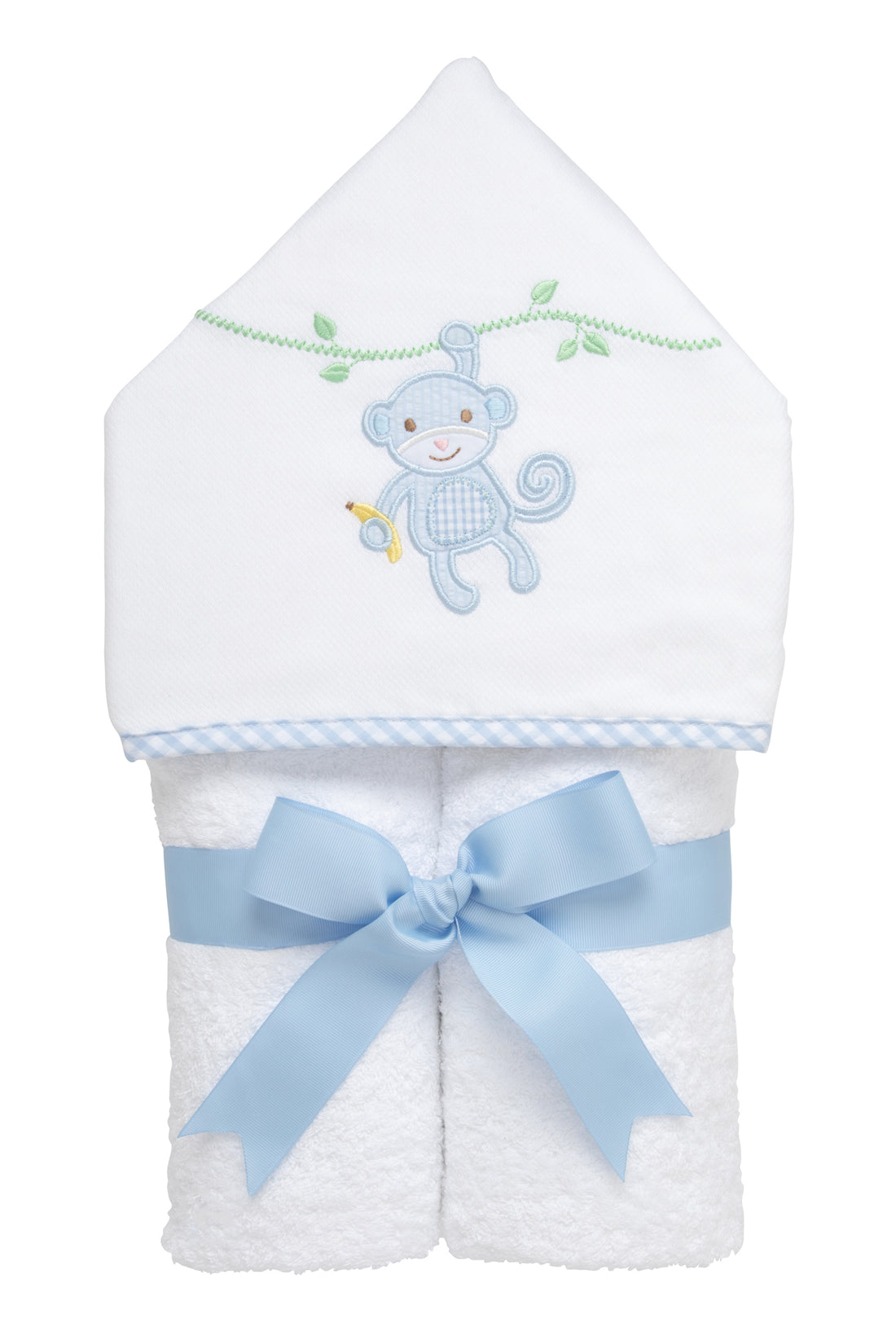 Cotton terry hooded towel for toddler to little kids with a blue seersucker and gingham check monkey applique on the hood, 3 Marthas