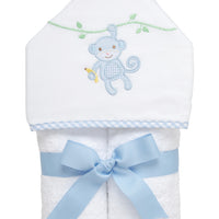 Cotton terry hooded towel for toddler to little kids with a blue seersucker and gingham check monkey applique on the hood, 3 Marthas