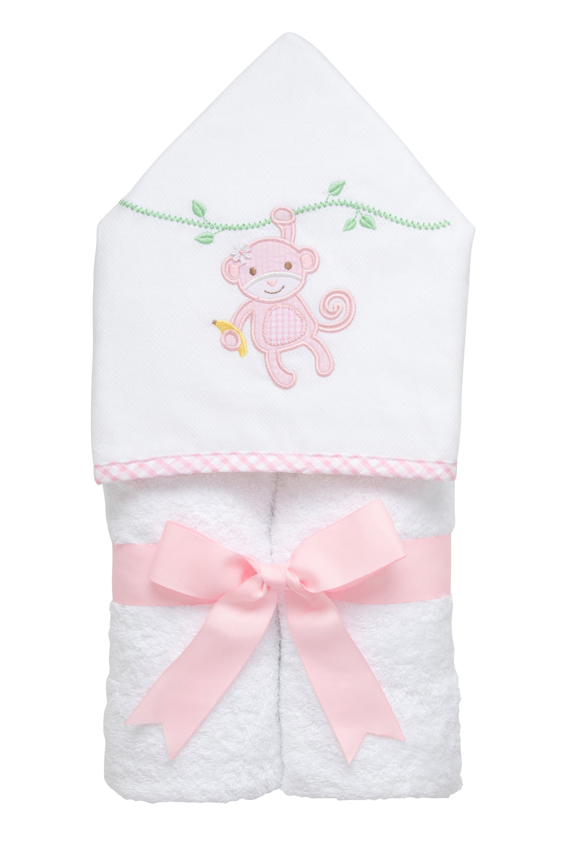Cotton terry hooded towel for toddler to little kids with a pink seersucker and gingham check monkey applique on the hood, 3 Marthas