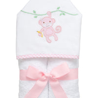 Cotton terry hooded towel for toddler to little kids with a pink seersucker and gingham check monkey applique on the hood, 3 Marthas