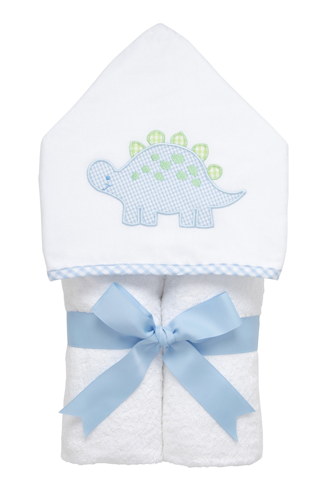 Cotton terry hooded towel for toddler to little kids with a blue and green gingham check dinosaur applique, 3 Marthas