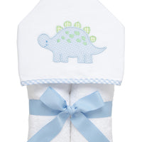 Cotton terry hooded towel for toddler to little kids with a blue and green gingham check dinosaur applique, 3 Marthas
