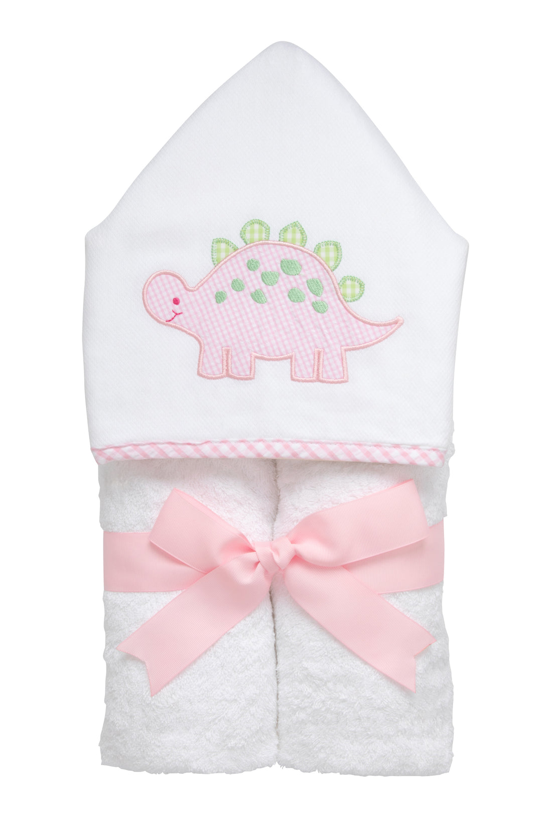Cotton terry hooded towel for toddler to little kids with a pink and green gingham check dinosaur applique, 3 Marthas