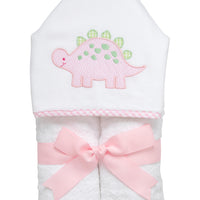 Cotton terry hooded towel for toddler to little kids with a pink and green gingham check dinosaur applique, 3 Marthas