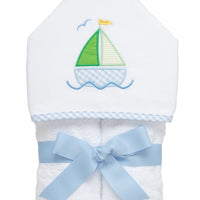 Cotton terry hooded towel for toddler to little kids with a blue and green sailboat applique on the hood, 3 Marthas