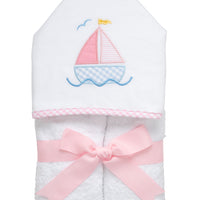 Cotton terry hooded towel for toddler to little kids with a pink and blue sailboat applique on the hood, 3 Marthas