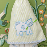 Hanging hooded towel for children featuring a blue cow applique, 3 Marthas