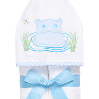 Children's hooded towel featuring a blue hippo applique, 3 Marthas
