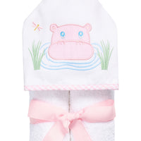 Children's hooded towel featuring a pink hippo applique, 3 Marthas
