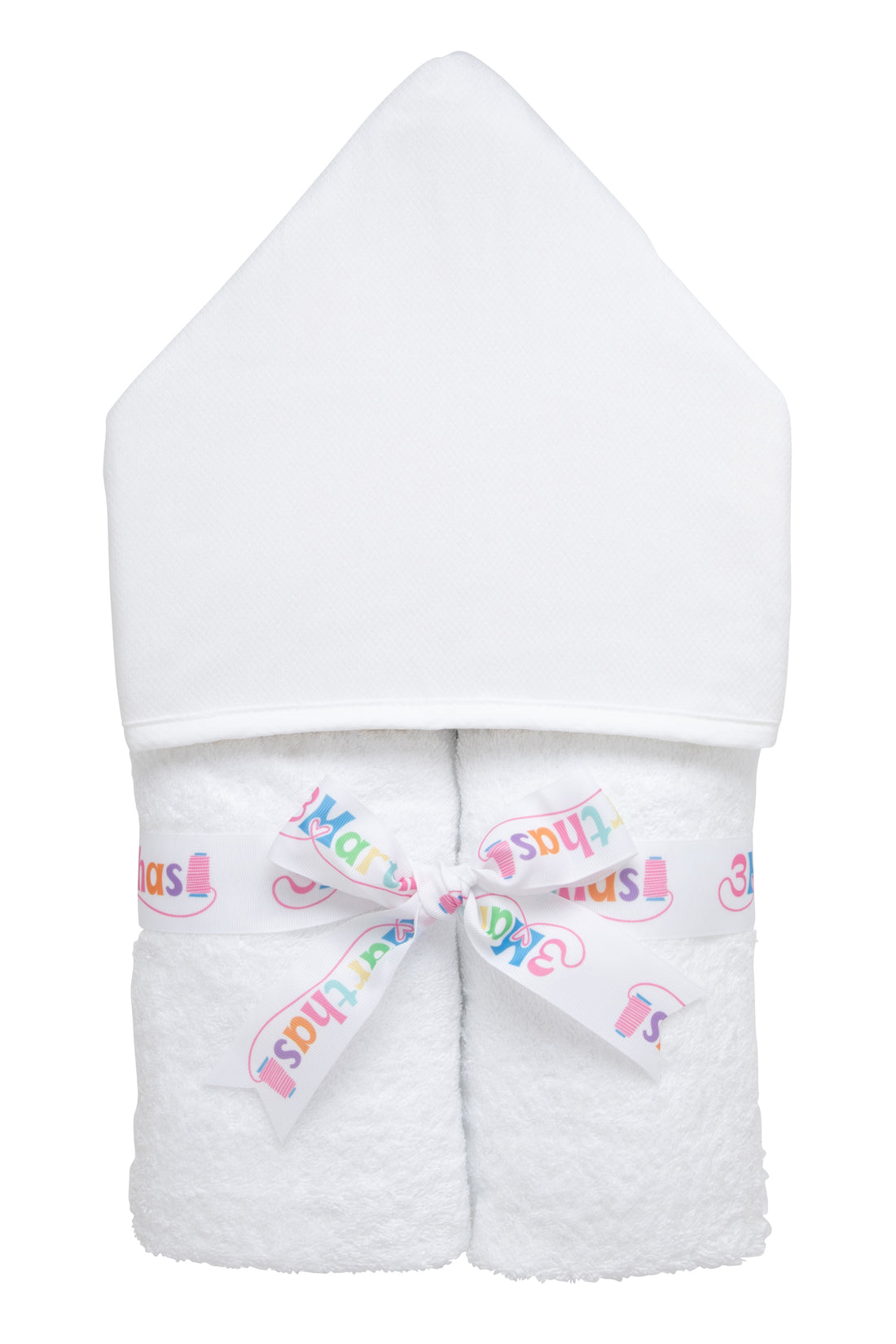 Cotton terry hooded towel for toddler to little kids with white pique hood and white seersucker stripe trim, 3 Marthas