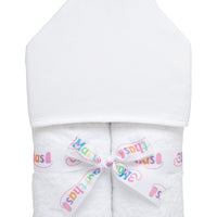 Cotton terry hooded towel for toddler to little kids with white pique hood and white seersucker stripe trim, 3 Marthas