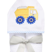 Children's hooded towel featuring a yellow dump truck applique, 3 Marthas