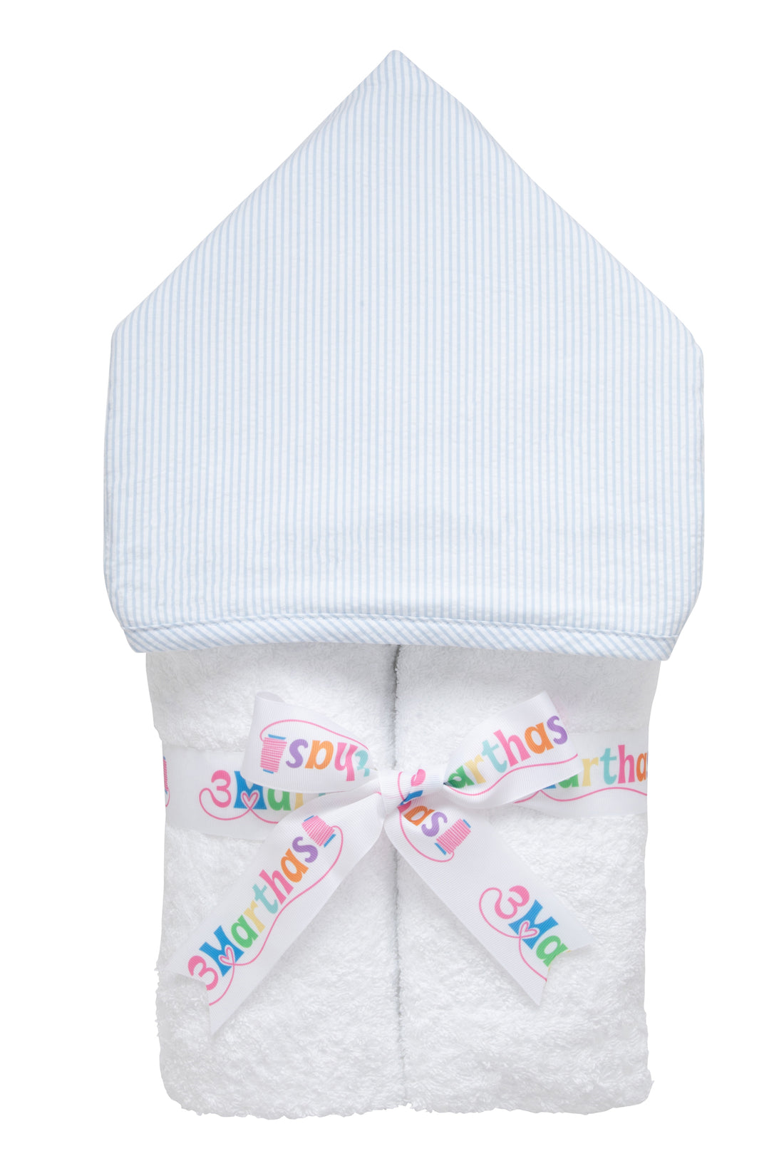 Cotton terry hooded towel for toddler to little kids with blue seersucker stripe hood, 3 Marthas