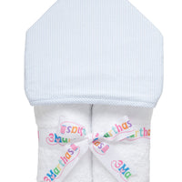 Cotton terry hooded towel for toddler to little kids with blue seersucker stripe hood, 3 Marthas