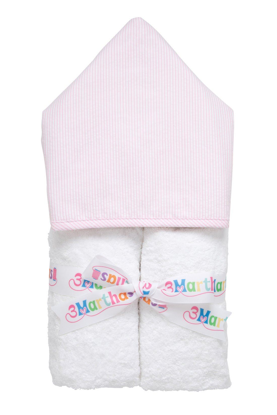 Cotton terry hooded towel for toddler to little kids with pink seersucker stripe hood, 3 Marthas