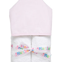 Cotton terry hooded towel for toddler to little kids with pink seersucker stripe hood, 3 Marthas