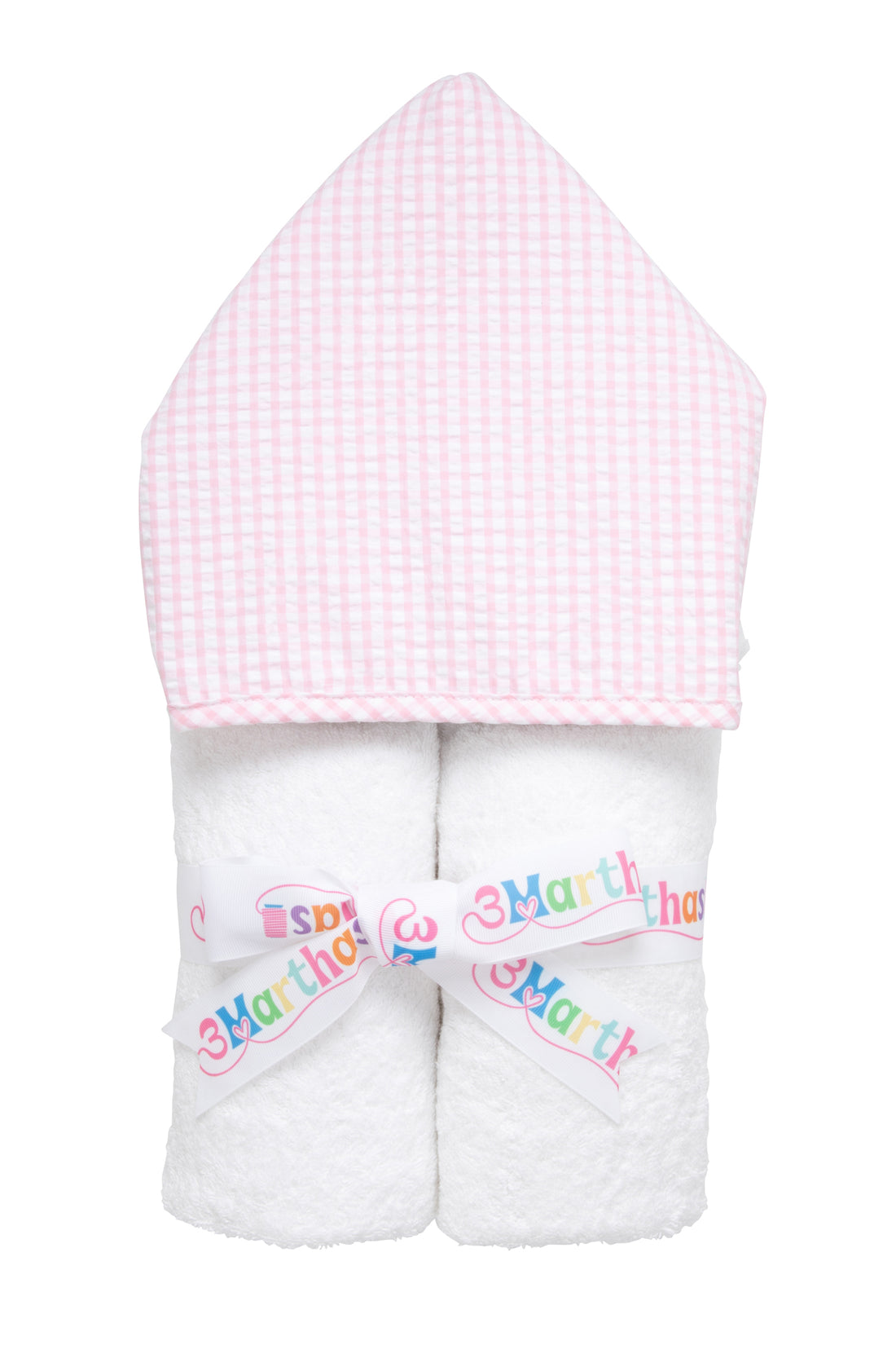 Cotton terry hooded towel for toddler to little kids with pink gingham check hood, 3 Marthas