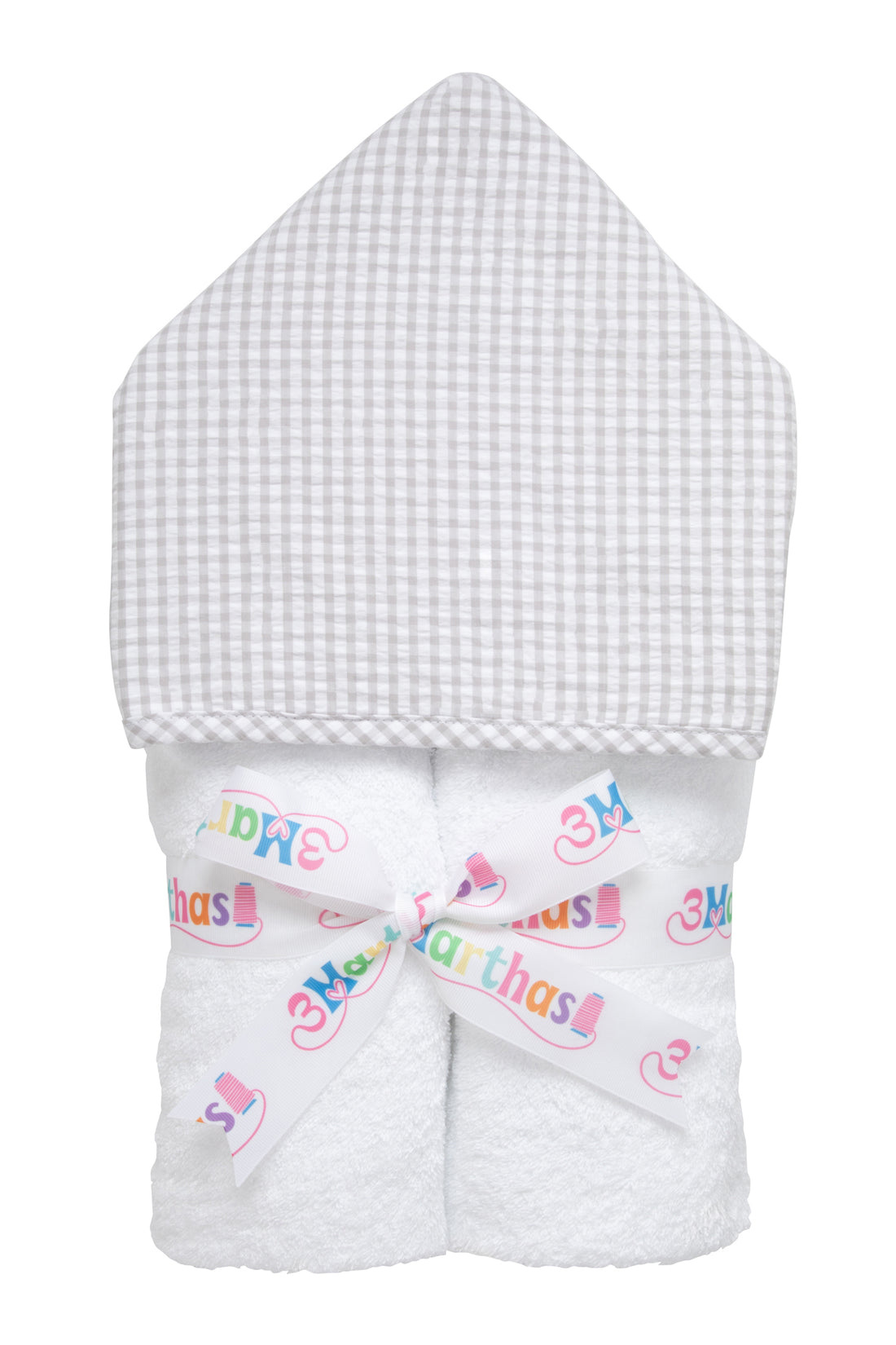 Cotton terry hooded towel for toddler to little kids with gray gingham check hood, 3 Marthas