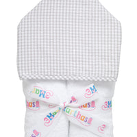 Cotton terry hooded towel for toddler to little kids with gray gingham check hood, 3 Marthas