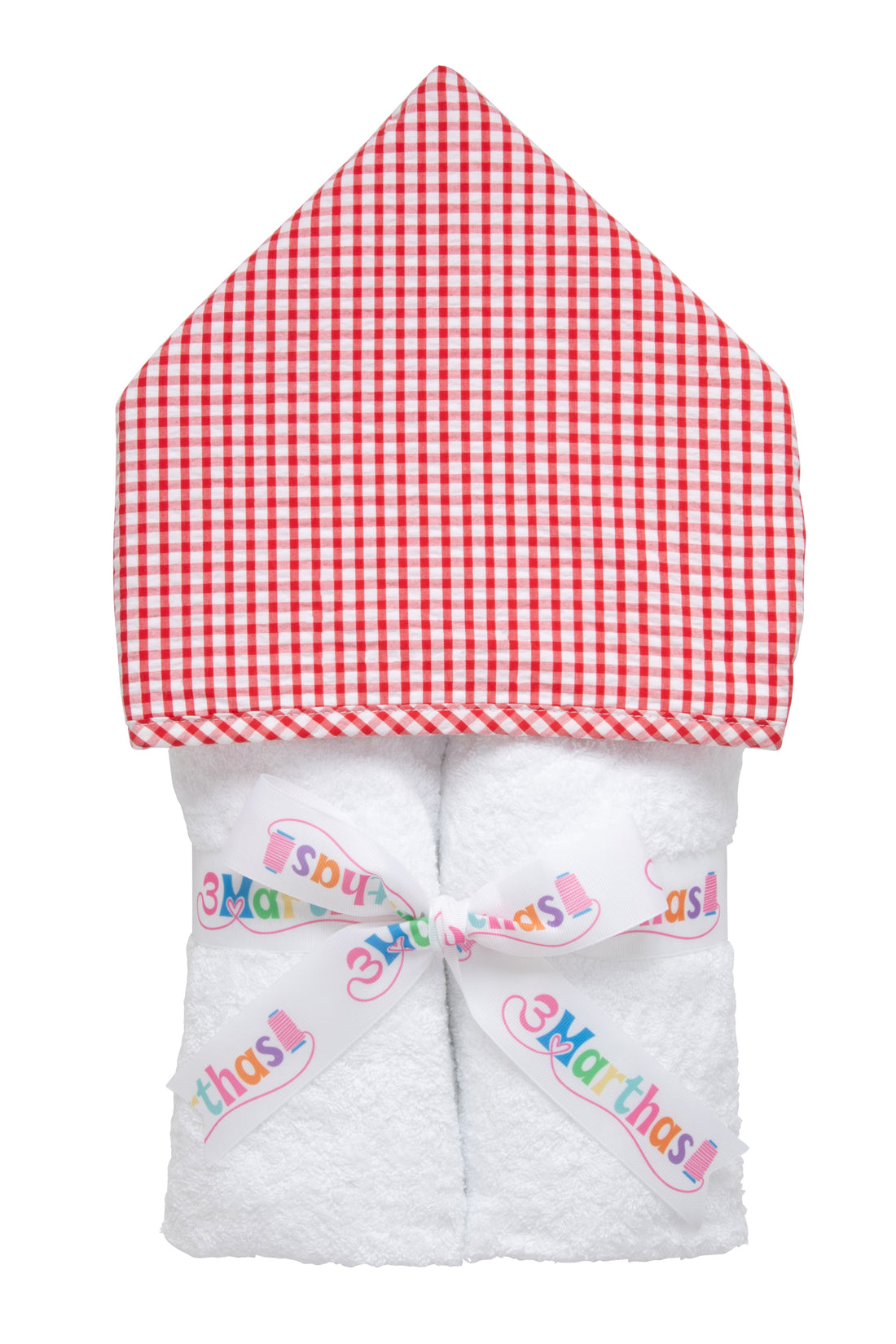Cotton terry hooded towel for toddler to little kids with red gingham check hood, 3 Marthas